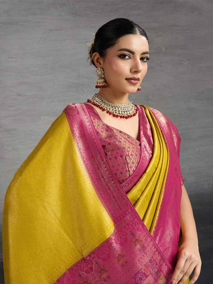 Yellow Kanjivaram Soft Silk Handwoven Traditional Bridal Reception Festival Wedding Fancy Heavy Border Saree