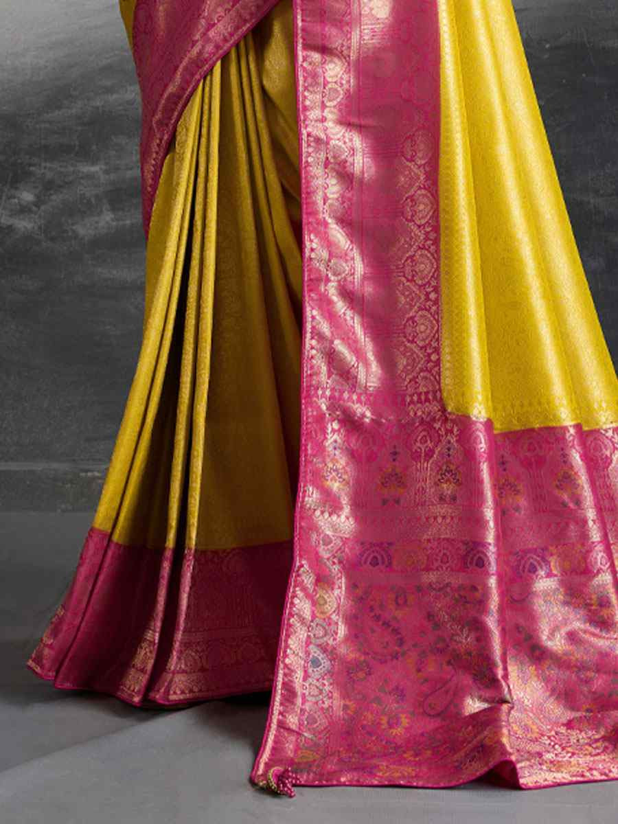 Yellow Kanjivaram Soft Silk Handwoven Traditional Bridal Reception Festival Wedding Fancy Heavy Border Saree