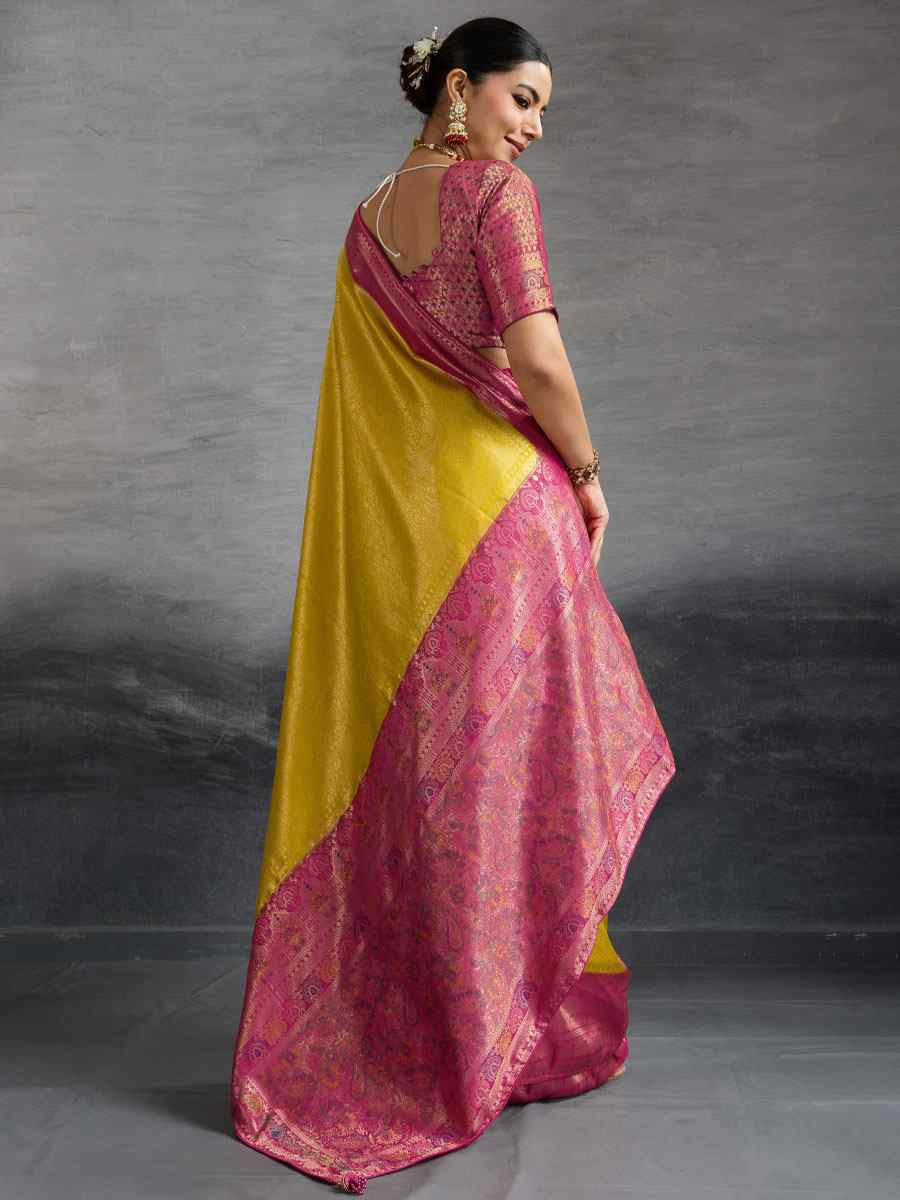 Yellow Kanjivaram Soft Silk Handwoven Traditional Bridal Reception Festival Wedding Fancy Heavy Border Saree