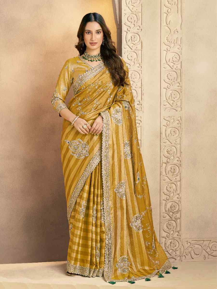 Yellow Kanjivaram Zari Silk Embroidery Bridal Reception Party Festival Wedding Fancy Heavy Border Sarees