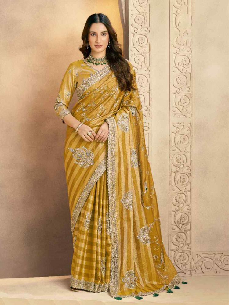 Image of Yellow Kanjivaram Zari Silk Embroidery Bridal Reception Party Festival Wedding Fancy Heavy Border Sarees