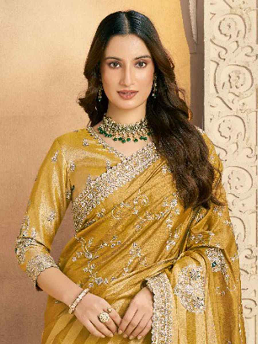 Yellow Kanjivaram Zari Silk Embroidery Bridal Reception Party Festival Wedding Fancy Heavy Border Sarees
