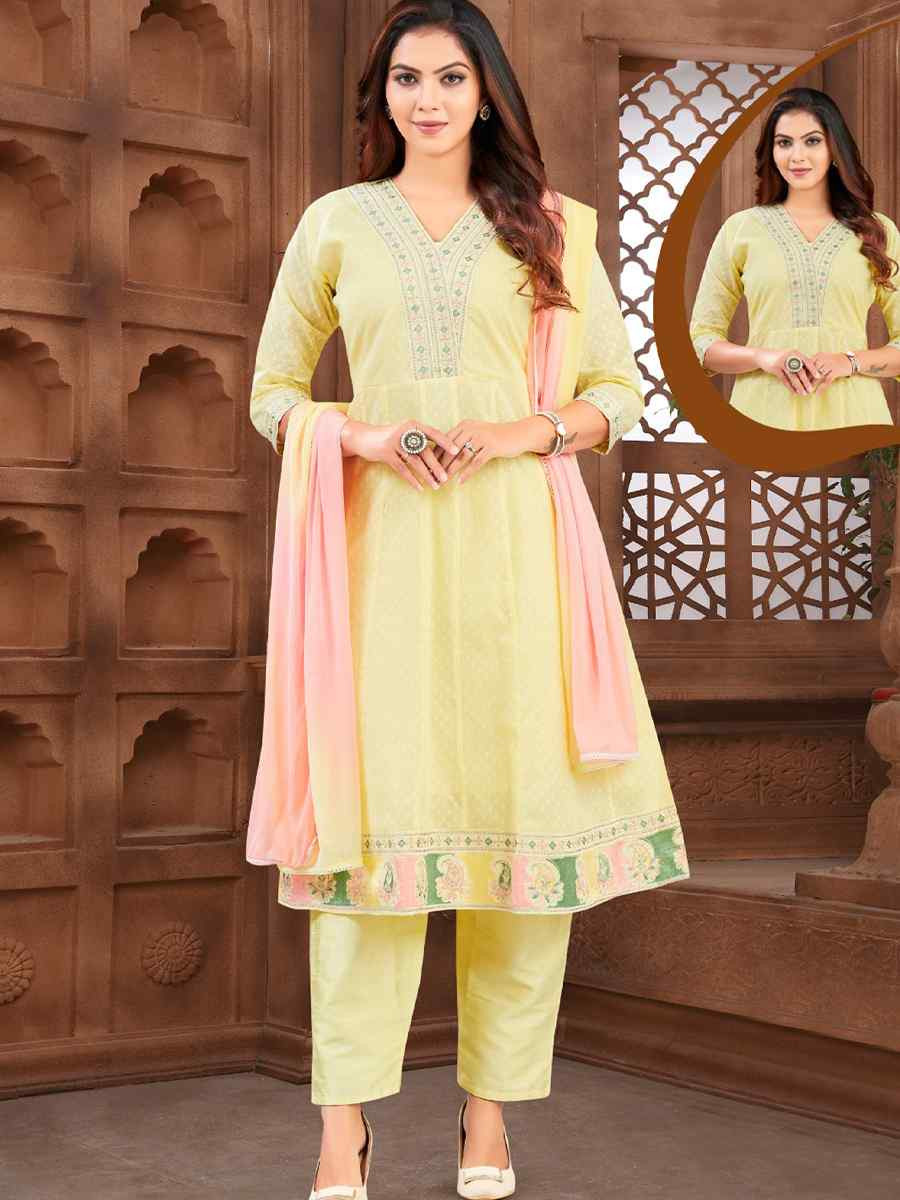 Yellow khadi Cotton Embroidery Party Wedding Festival Casual Ready Pant Salwar Kameez