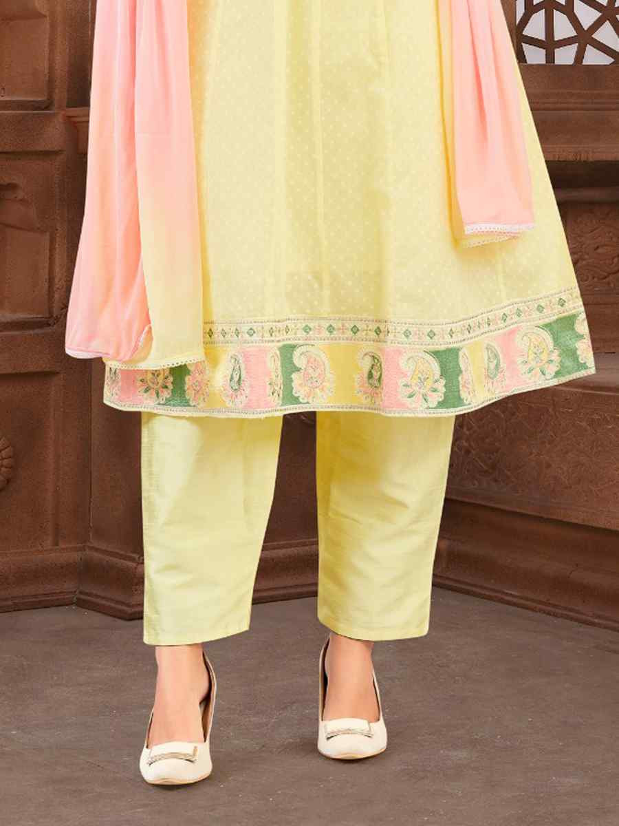 Yellow khadi Cotton Embroidery Party Wedding Festival Casual Ready Pant Salwar Kameez