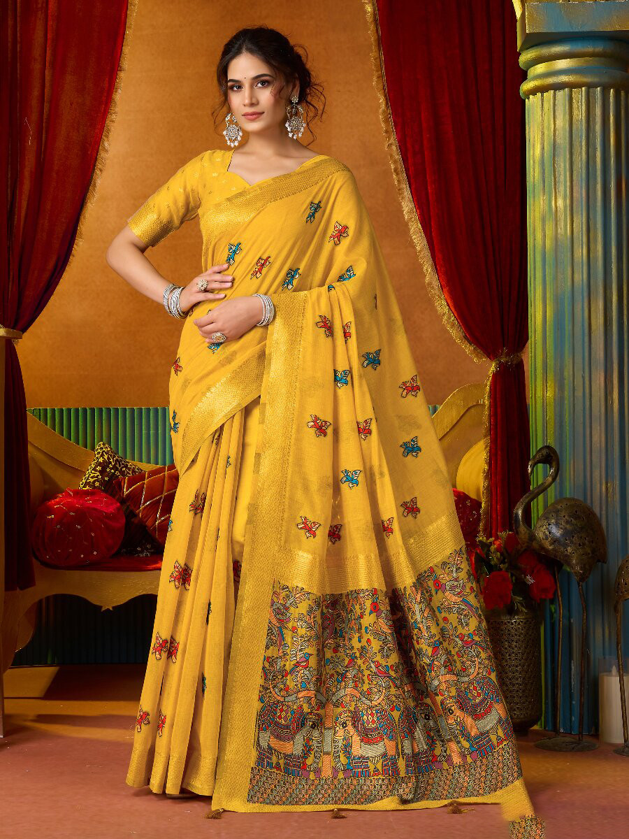 Yellow Khadi Cotton Katha Work Modal Wedding Reception Party Festival Casual Heavy Border Sarees