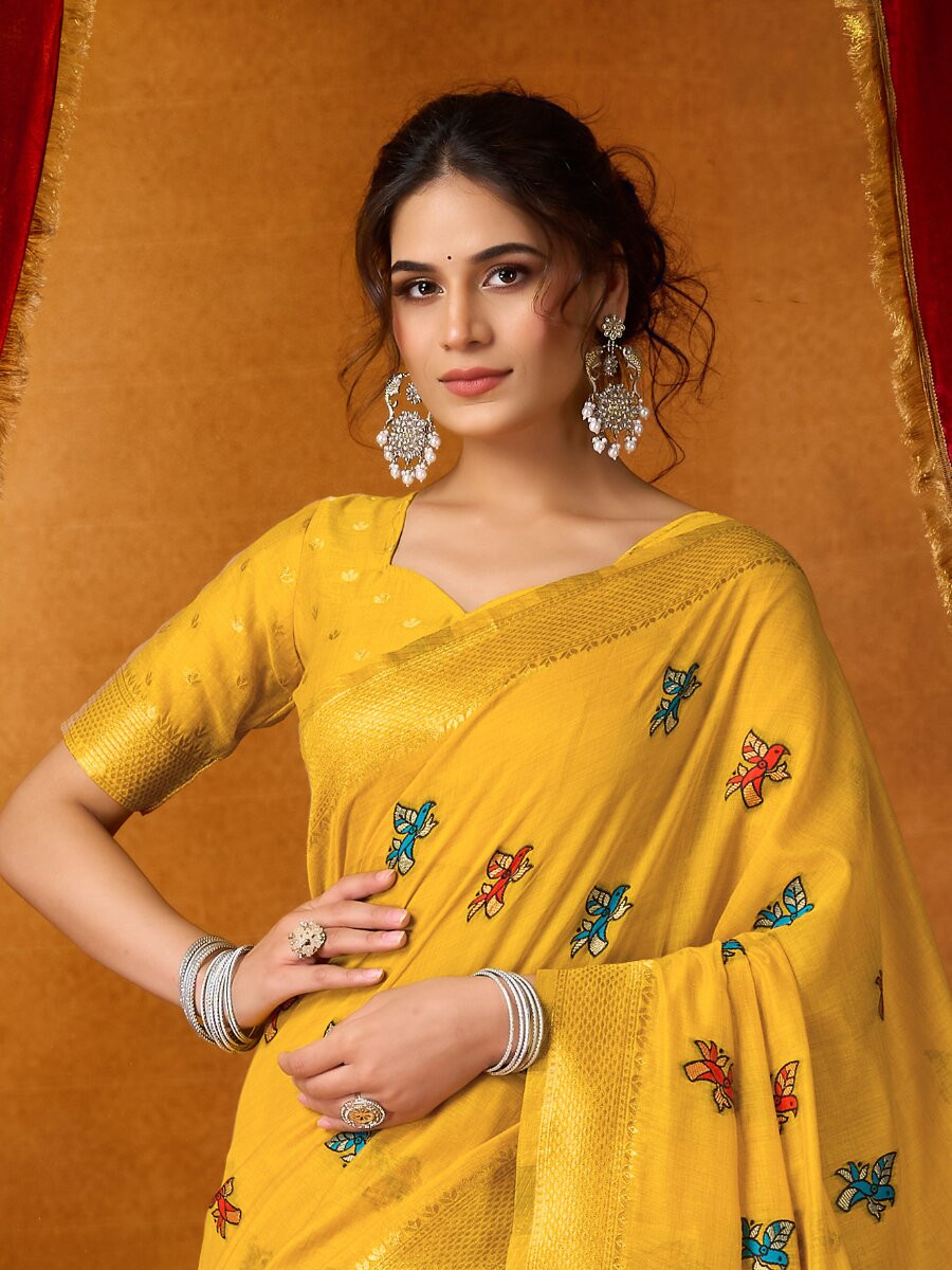 Yellow Khadi Cotton Katha Work Modal Wedding Reception Party Festival Casual Heavy Border Sarees