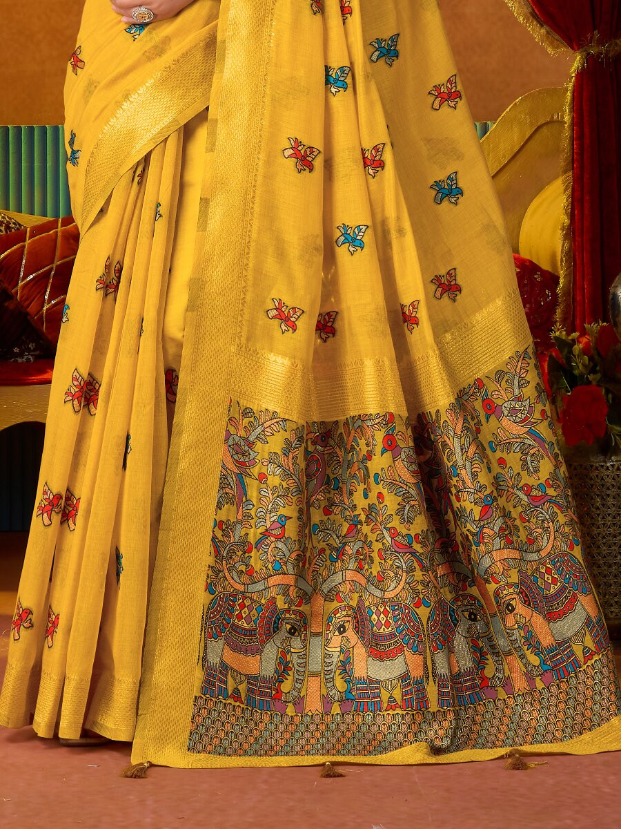 Yellow Khadi Cotton Katha Work Modal Wedding Reception Party Festival Casual Heavy Border Sarees