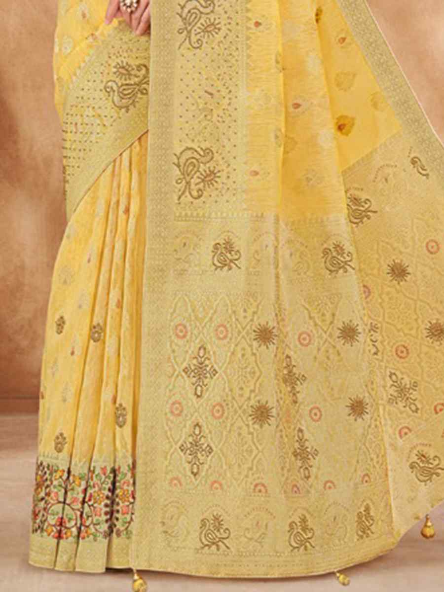 Yellow Kora Silk Handwoven Wedding Festival Heavy Border Saree