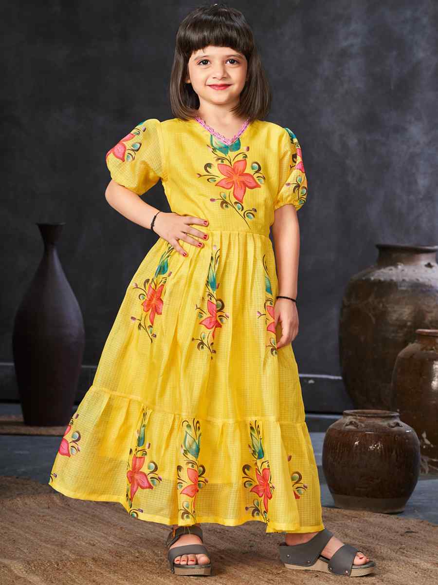 Yellow Kota Checks Printed Casual Festival Salwars Girls Wear