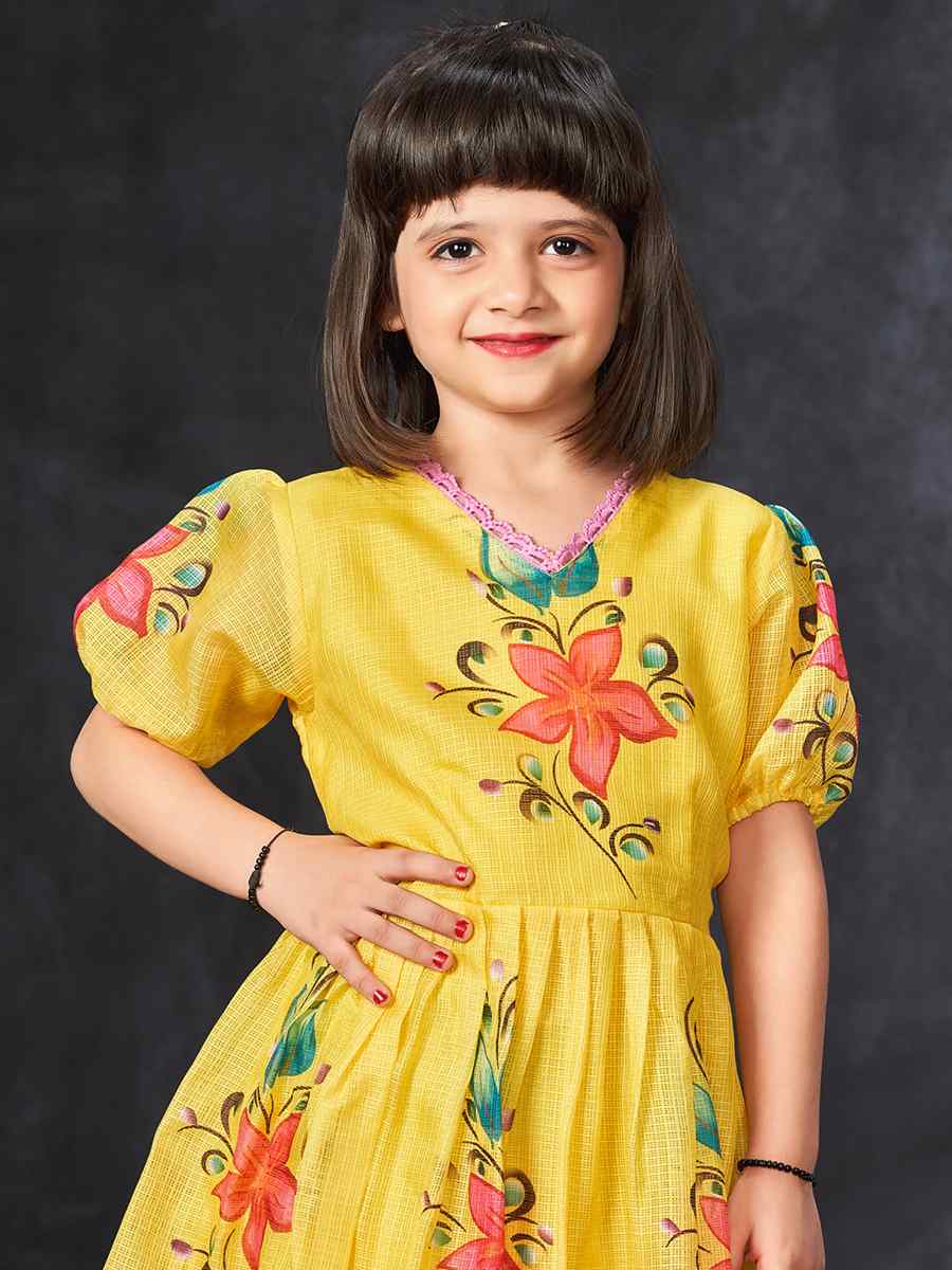 Yellow Kota Checks Printed Casual Festival Salwars Girls Wear