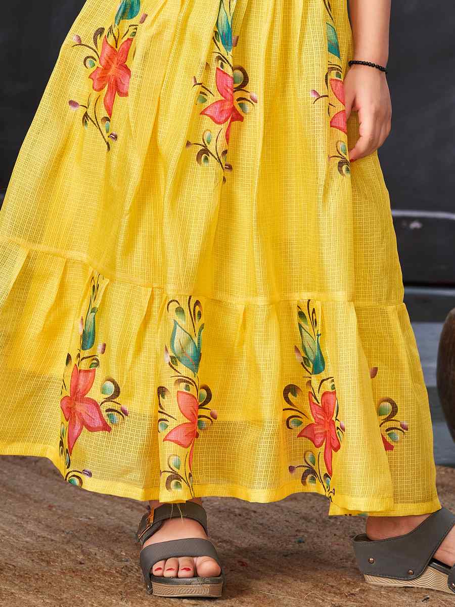 Yellow Kota Checks Printed Casual Festival Salwars Girls Wear