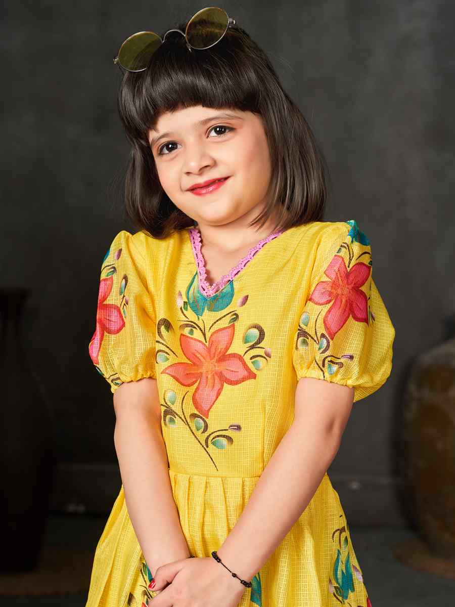 Yellow Kota Checks Printed Casual Festival Salwars Girls Wear