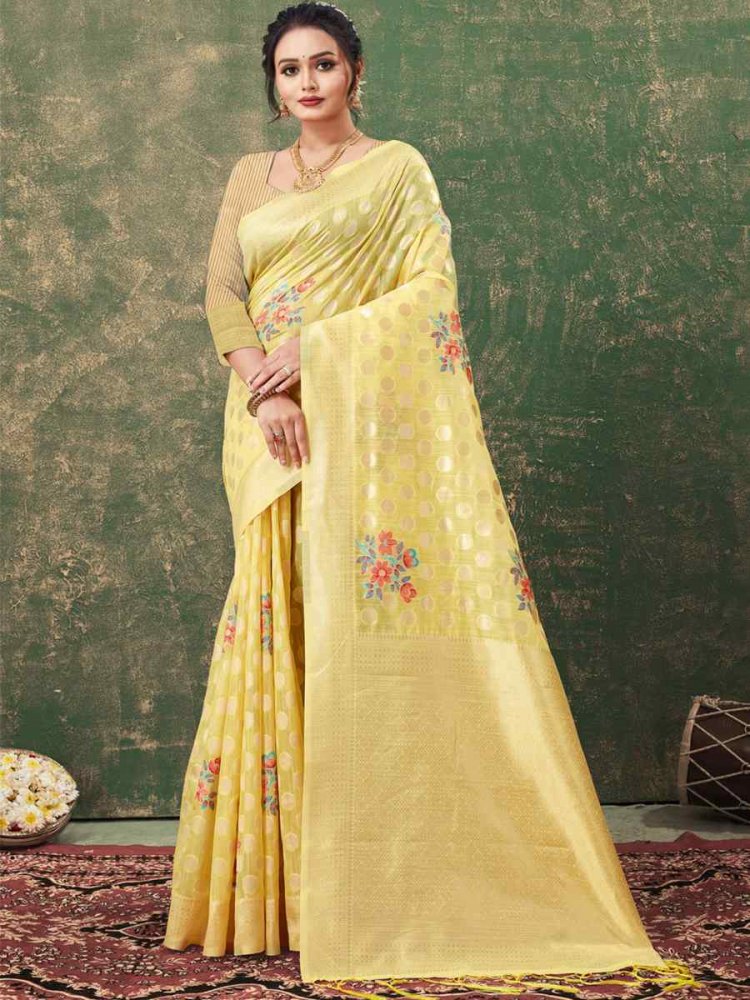Yellow Kota Cotton Handwoven Wedding Festival Heavy Border Saree