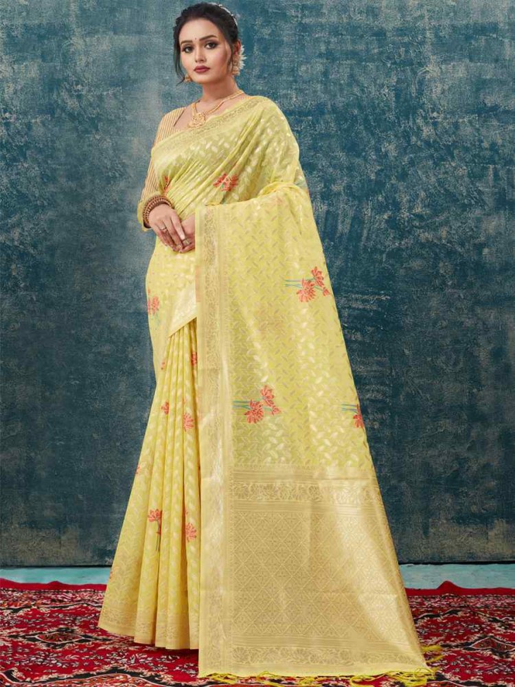 Yellow Kota Cotton Handwoven Wedding Festival Heavy Border Saree