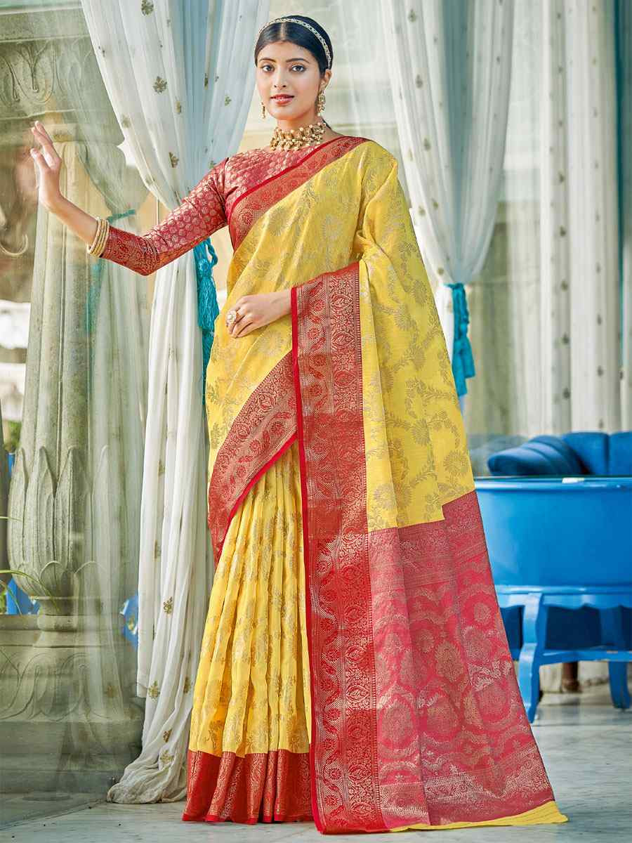 Yellow Linen Cotton Handwoven Casual Festival Party Classic Style Sarees