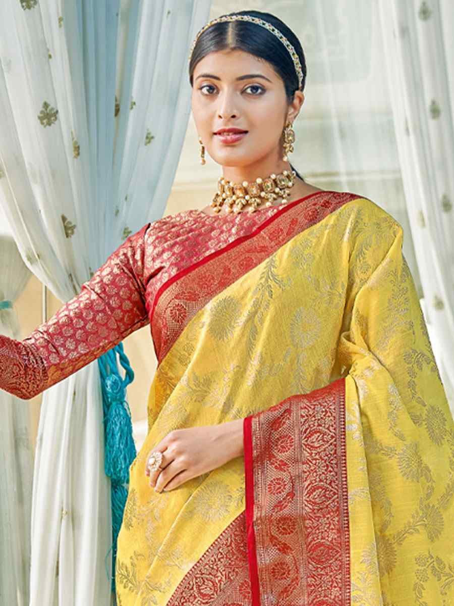 Yellow Linen Cotton Handwoven Casual Festival Party Classic Style Sarees