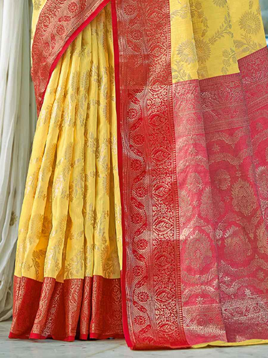 Yellow Linen Cotton Handwoven Casual Festival Party Classic Style Sarees
