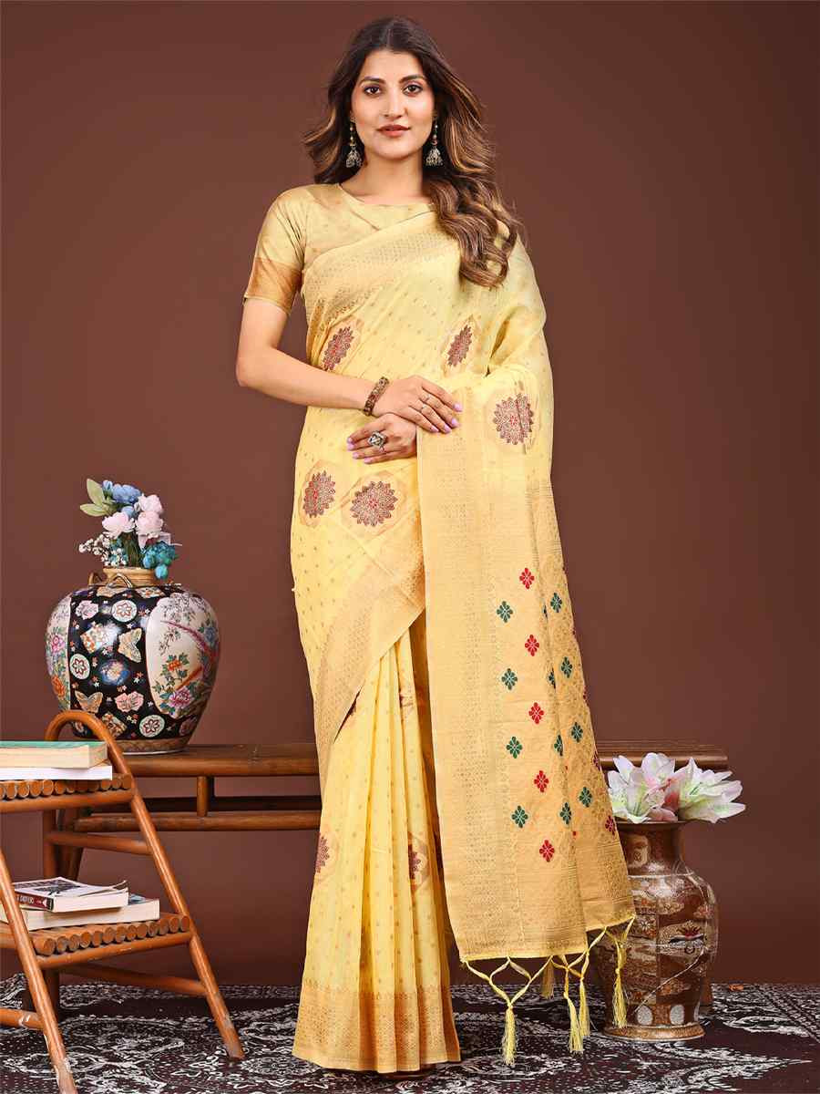 Yellow Linen Cotton Handwoven Festival Wedding Fancy Heavy Border Saree
