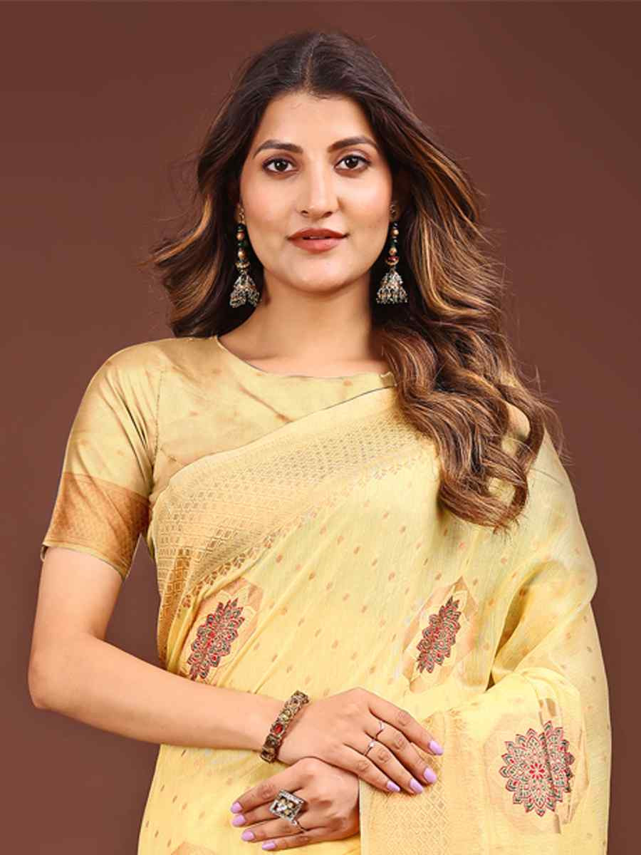 Yellow Linen Cotton Handwoven Festival Wedding Fancy Heavy Border Saree