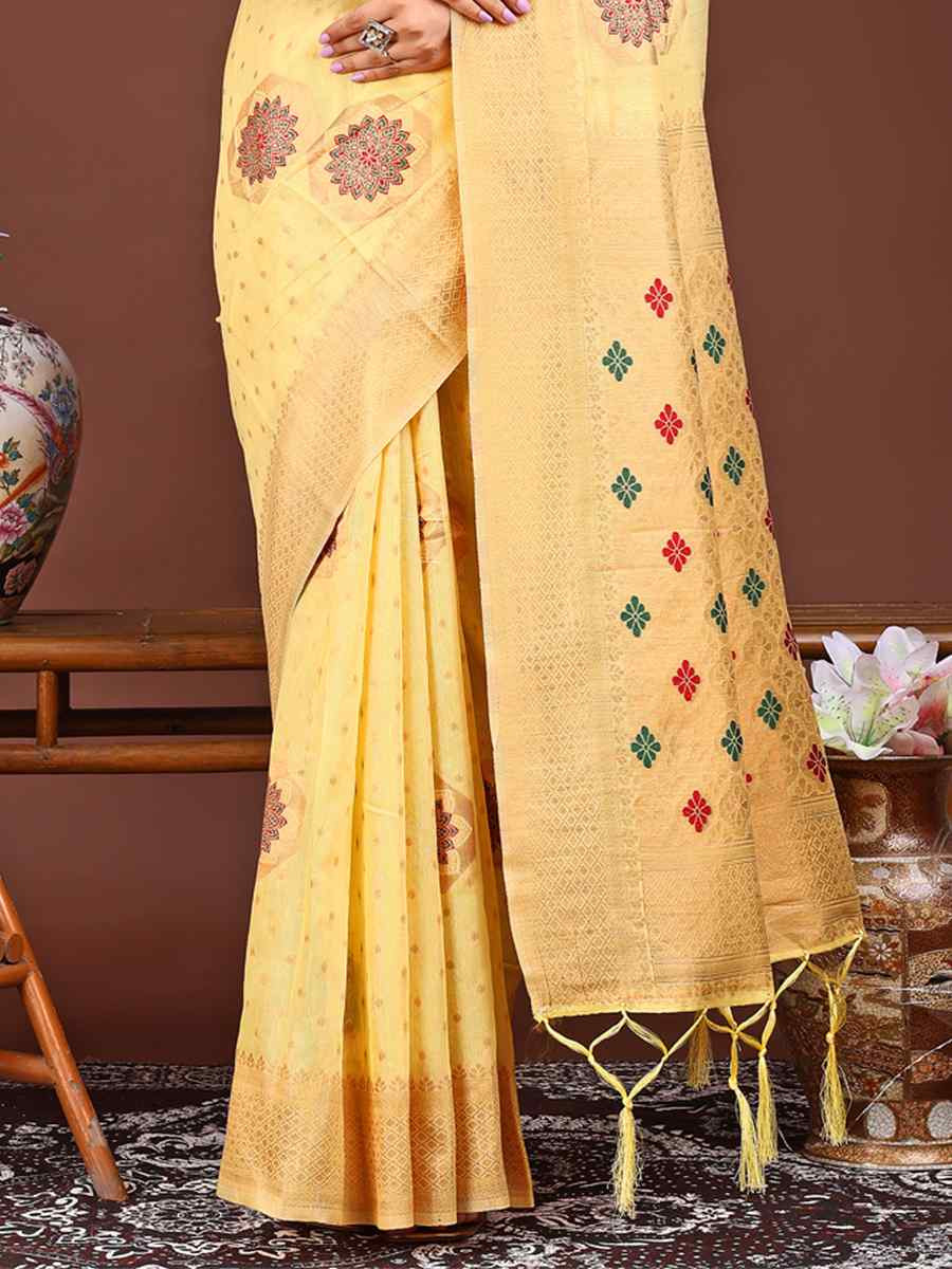 Yellow Linen Cotton Handwoven Festival Wedding Fancy Heavy Border Saree