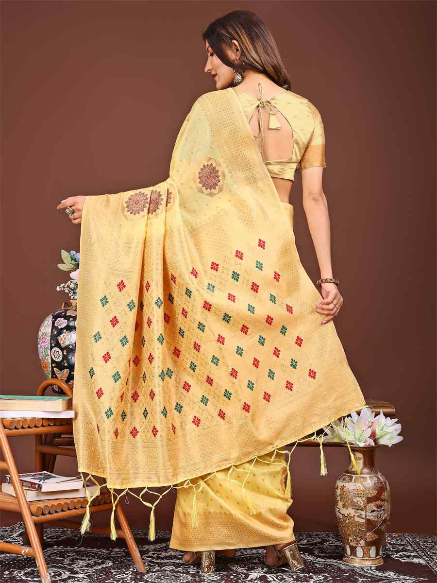 Yellow Linen Cotton Handwoven Festival Wedding Fancy Heavy Border Saree