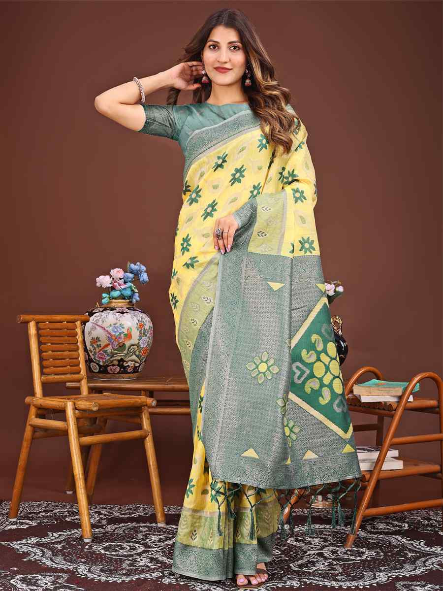 Yellow Linen Cotton Handwoven Festival Wedding Fancy Heavy Border Saree