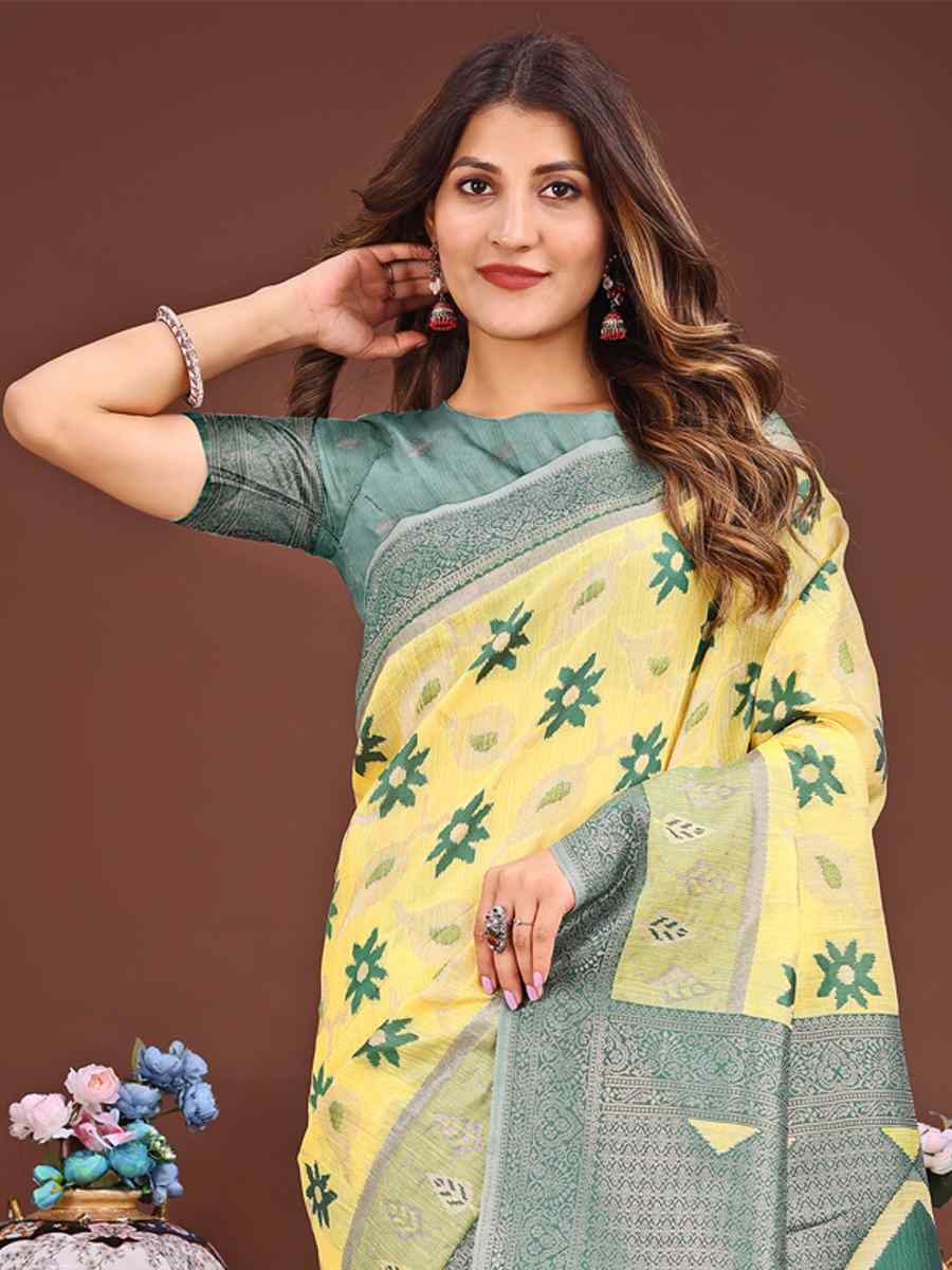 Yellow Linen Cotton Handwoven Festival Wedding Fancy Heavy Border Saree