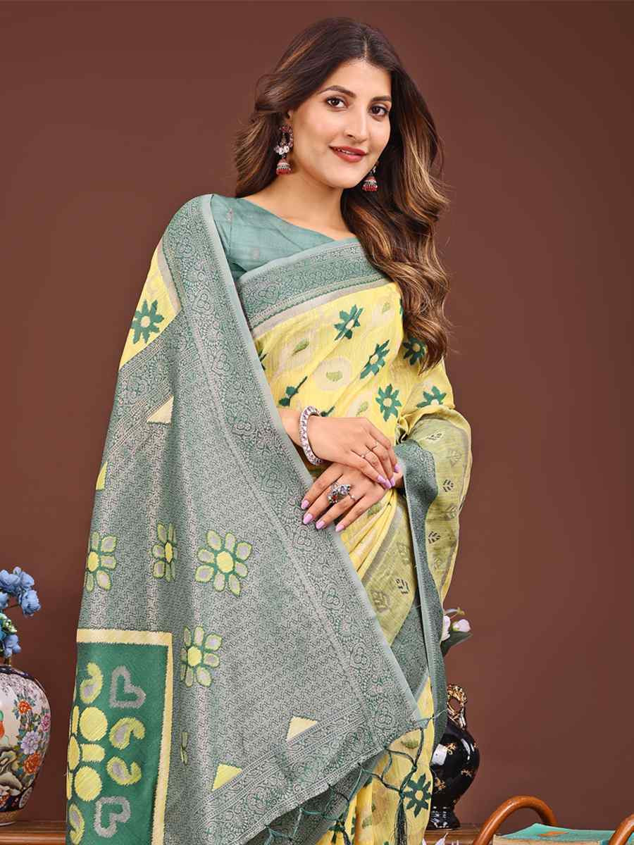 Yellow Linen Cotton Handwoven Festival Wedding Fancy Heavy Border Saree