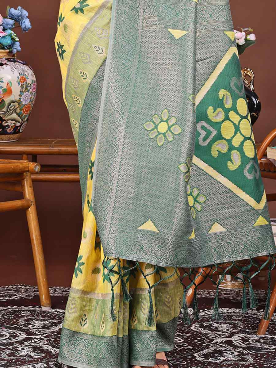 Yellow Linen Cotton Handwoven Festival Wedding Fancy Heavy Border Saree