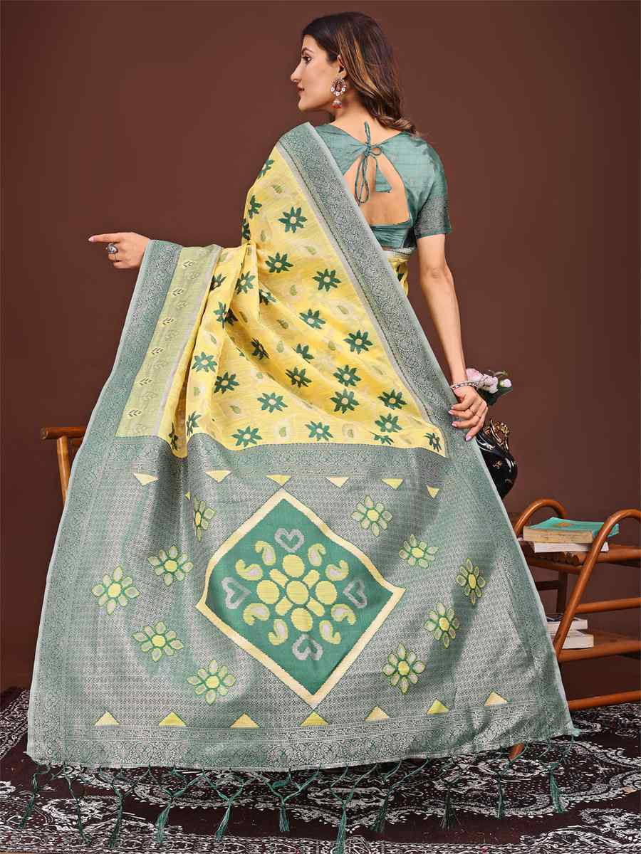 Yellow Linen Cotton Handwoven Festival Wedding Fancy Heavy Border Saree