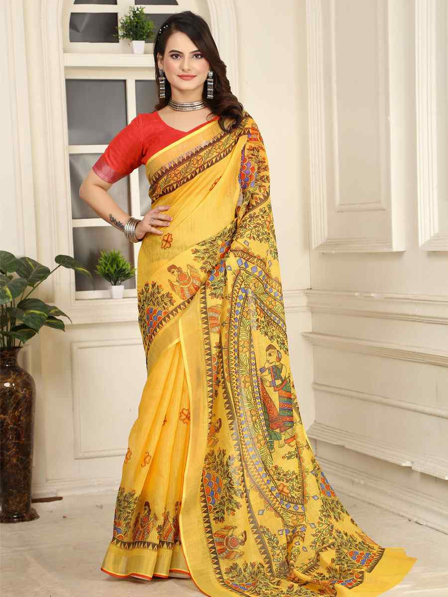 Yellow Linen Cotton Printed Casual Festival Wedding Fancy Classic Style Sarees