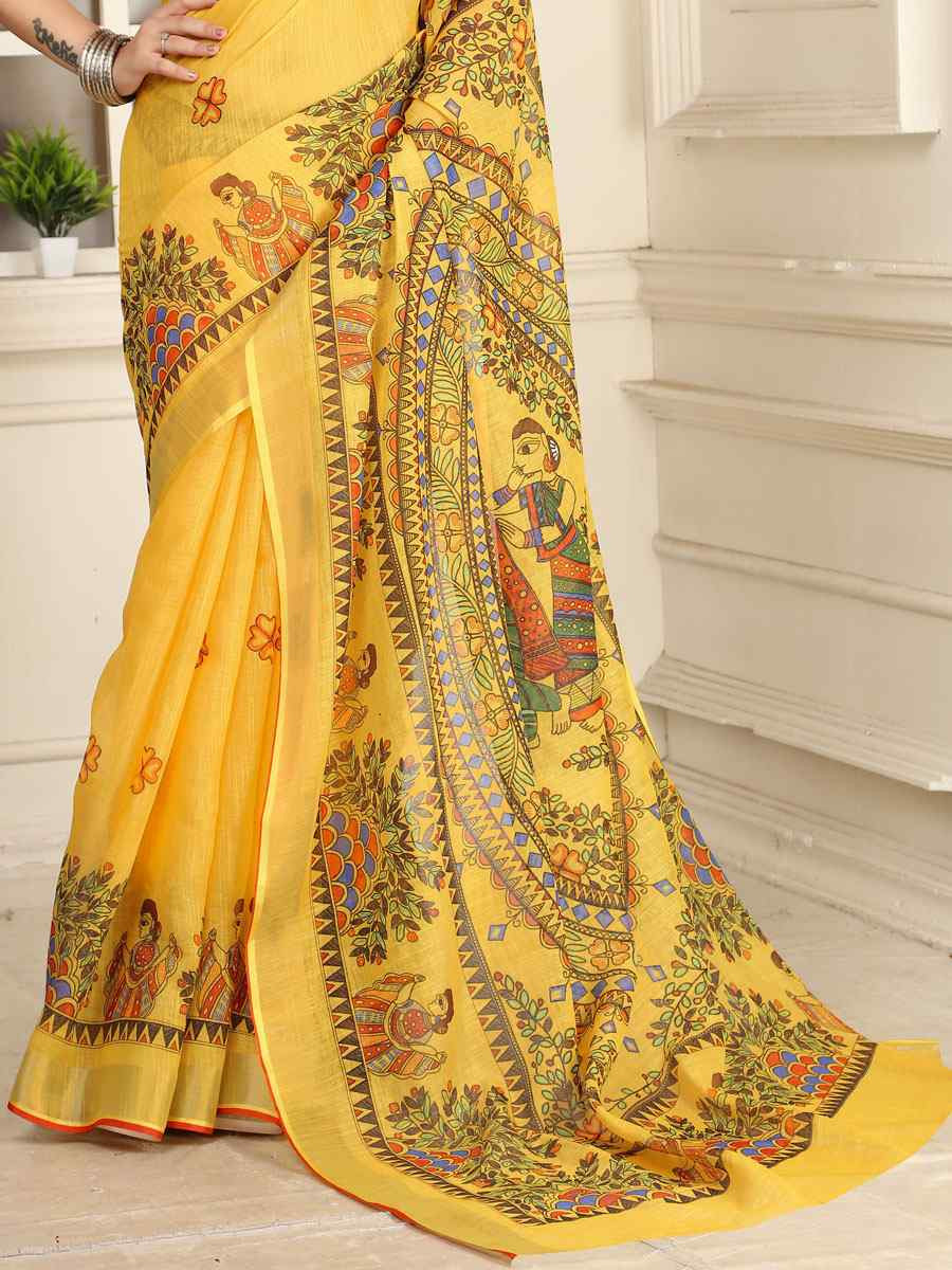 Yellow Linen Cotton Printed Casual Festival Wedding Fancy Classic Style Sarees