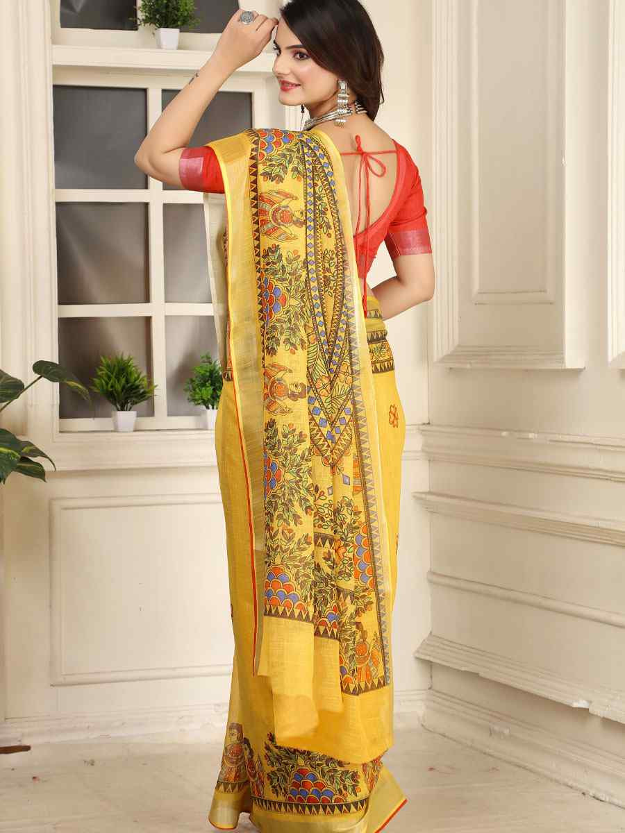 Yellow Linen Cotton Printed Casual Festival Wedding Fancy Classic Style Sarees