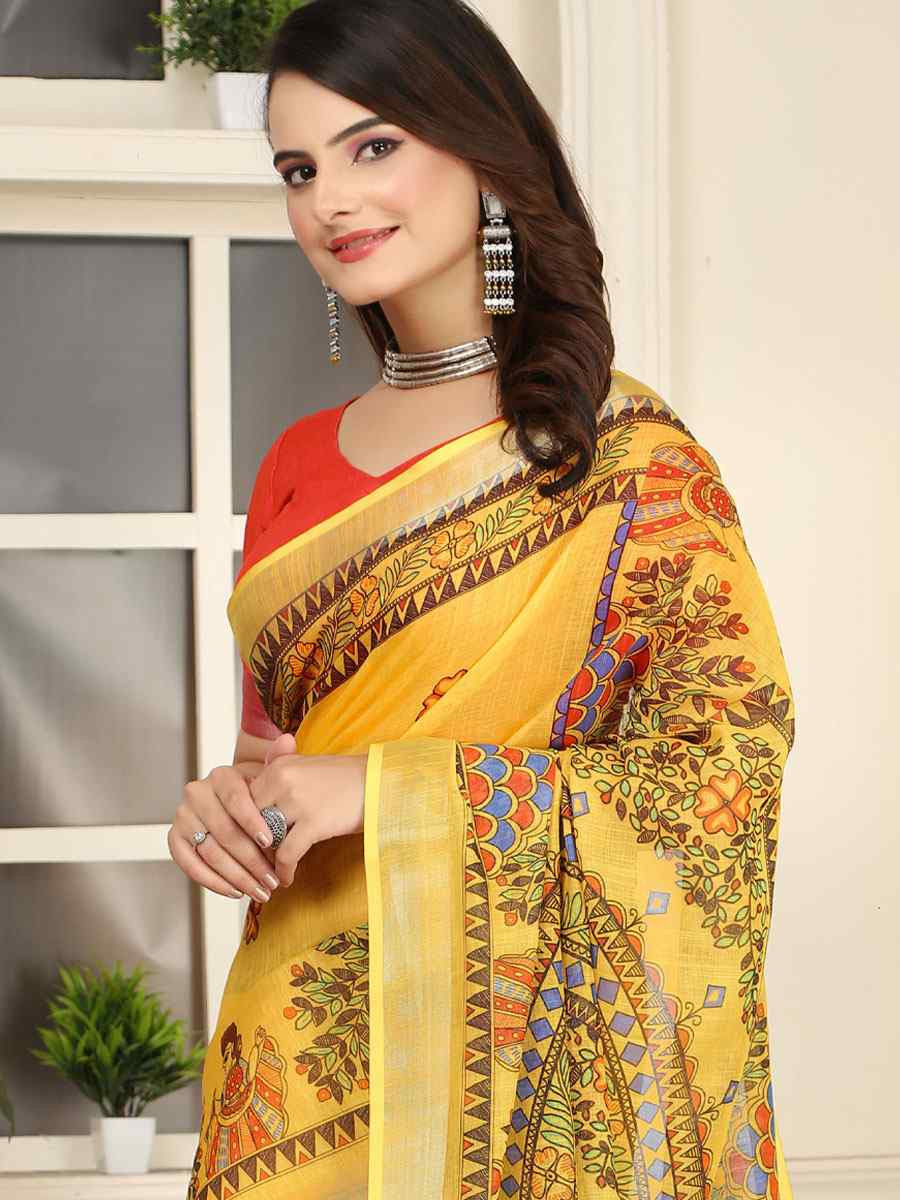 Yellow Linen Cotton Printed Casual Festival Wedding Fancy Classic Style Sarees