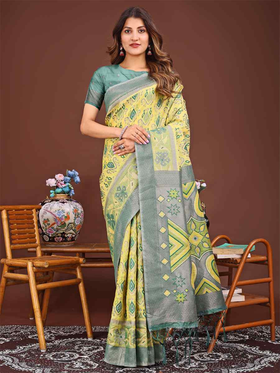 Yellow Linen Cotton Printed Festival Wedding Fancy Heavy Border Saree