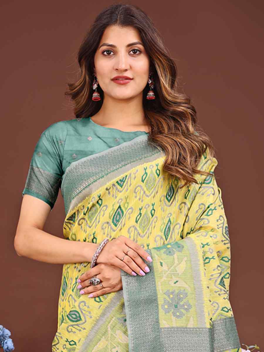 Yellow Linen Cotton Printed Festival Wedding Fancy Heavy Border Saree