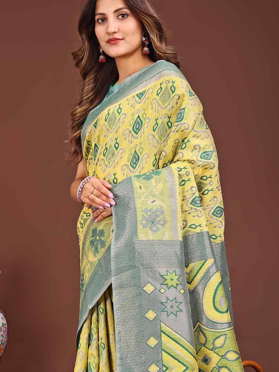 Yellow Linen Cotton Printed Festival Wedding Fancy Heavy Border Saree