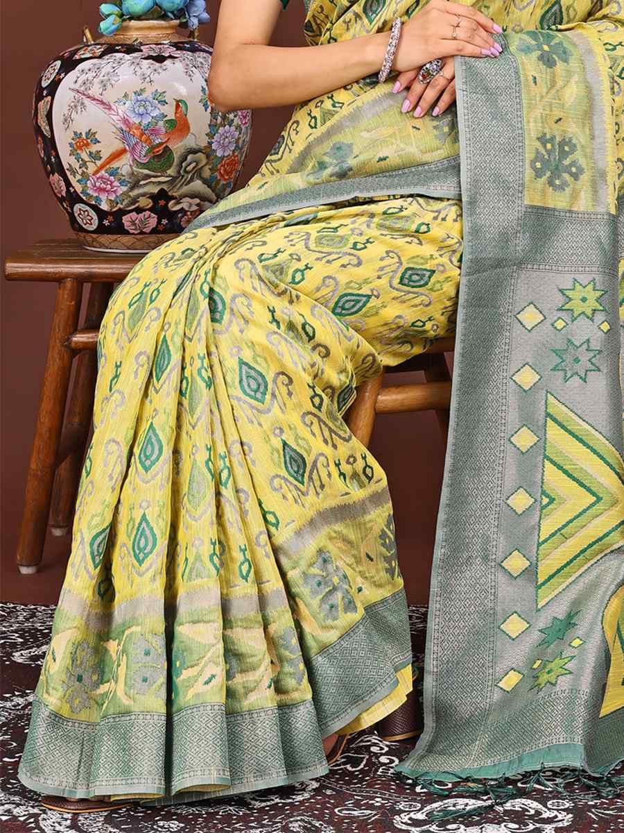Yellow Linen Cotton Printed Festival Wedding Fancy Heavy Border Saree