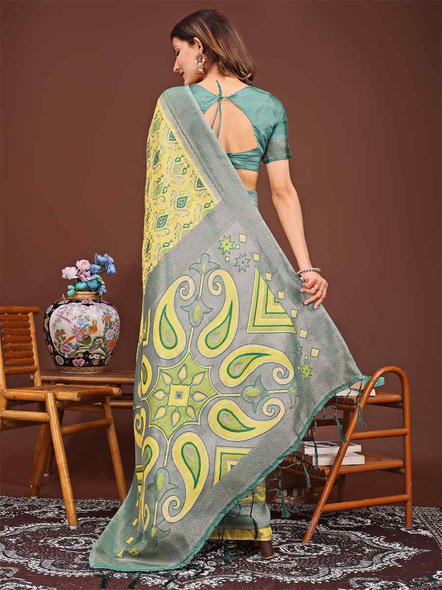 Yellow Linen Cotton Printed Festival Wedding Fancy Heavy Border Saree