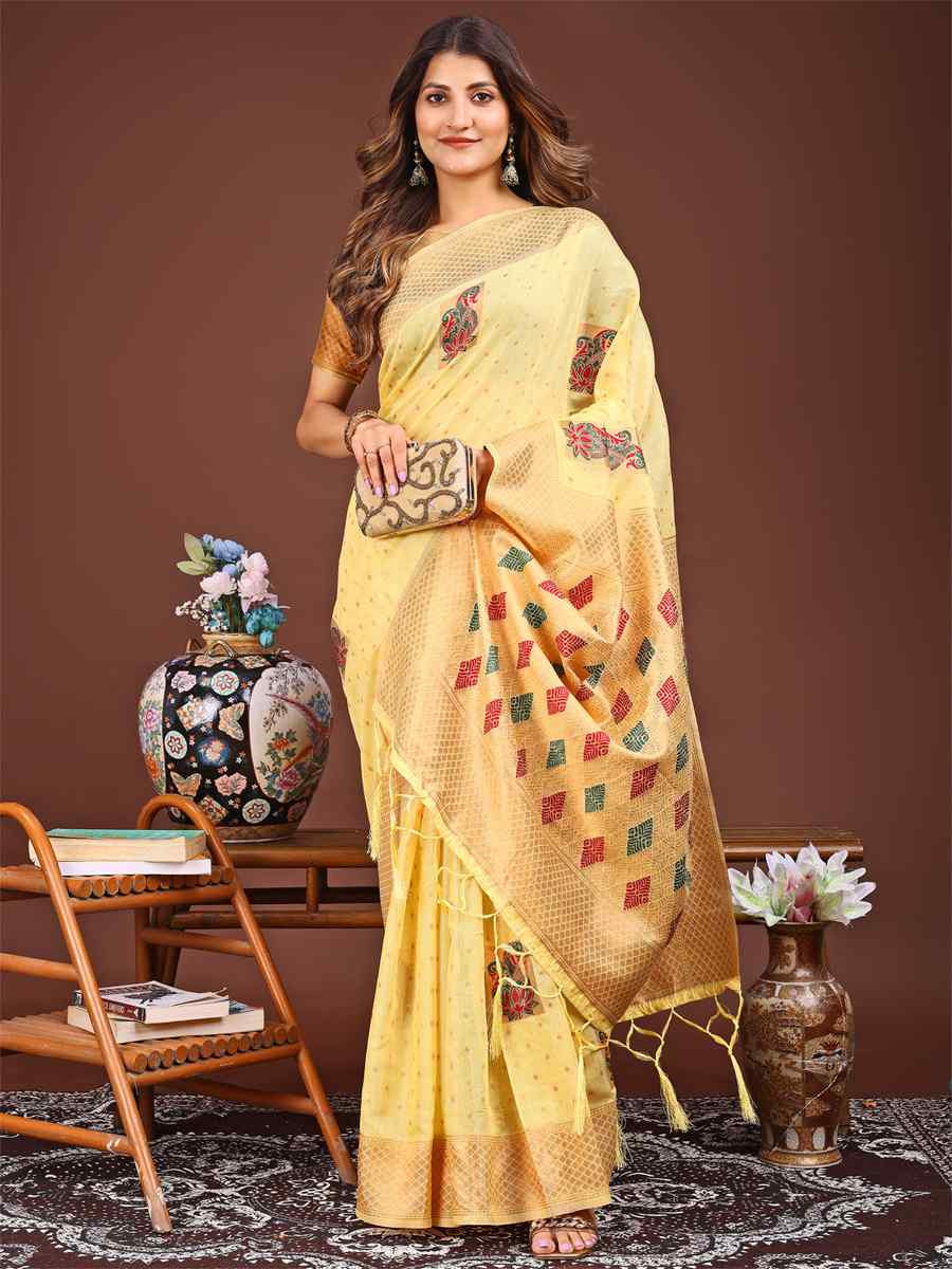 Yellow Linen Cotton Printed Festival Wedding Fancy Heavy Border Saree