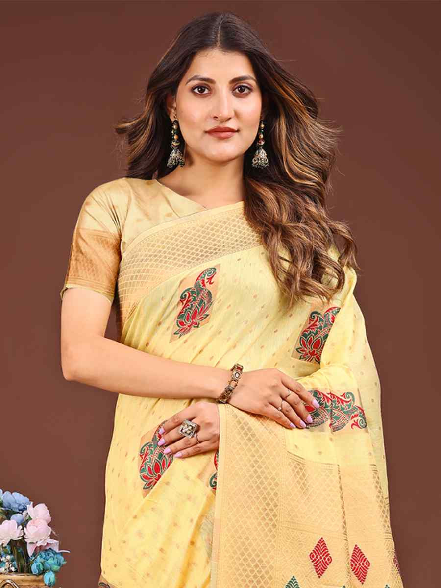 Yellow Linen Cotton Printed Festival Wedding Fancy Heavy Border Saree