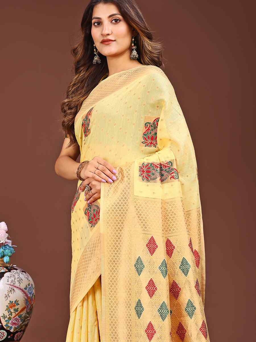 Yellow Linen Cotton Printed Festival Wedding Fancy Heavy Border Saree