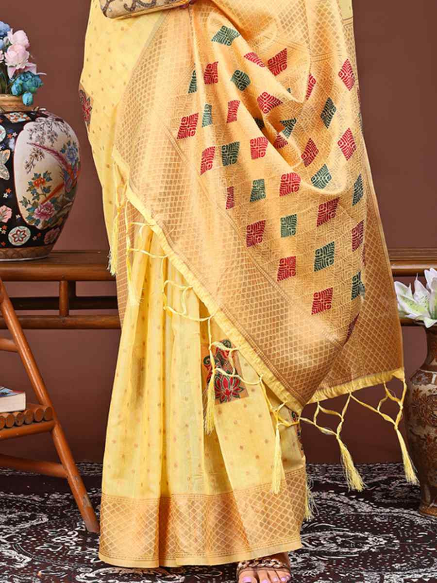 Yellow Linen Cotton Printed Festival Wedding Fancy Heavy Border Saree