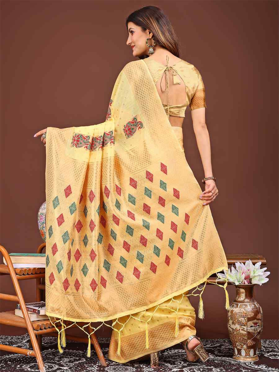 Yellow Linen Cotton Printed Festival Wedding Fancy Heavy Border Saree