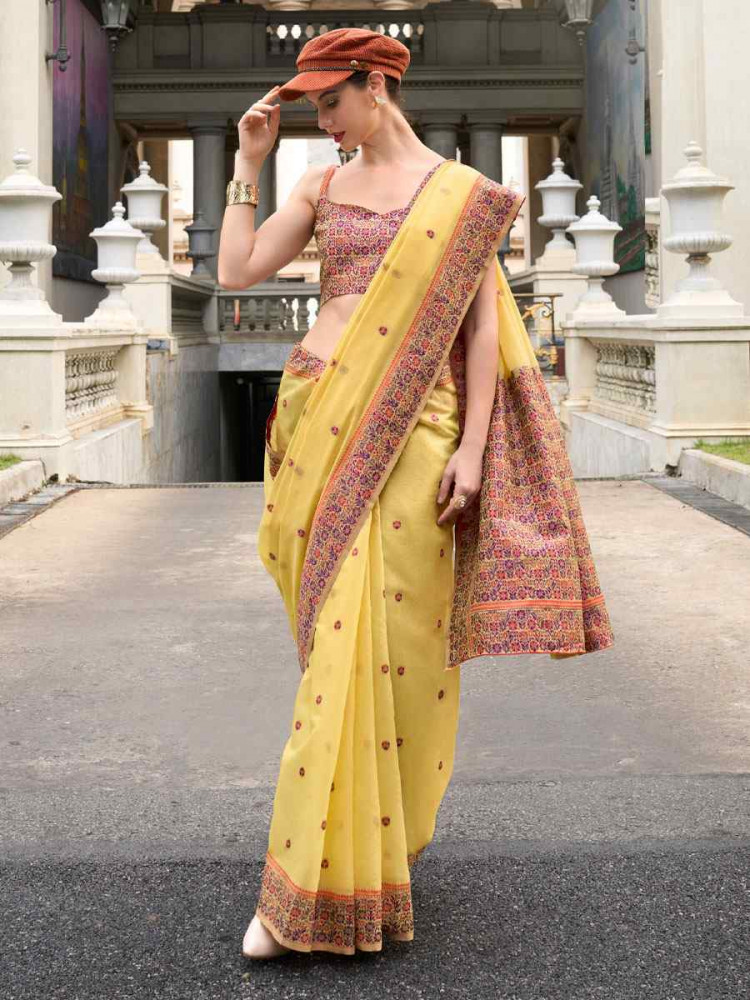 Image of Yellow Linen Cotton Silk Handwoven Festival Wedding Fancy Heavy Border Saree