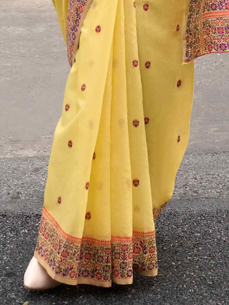Yellow Linen Cotton Silk Handwoven Festival Wedding Fancy Heavy Border Saree