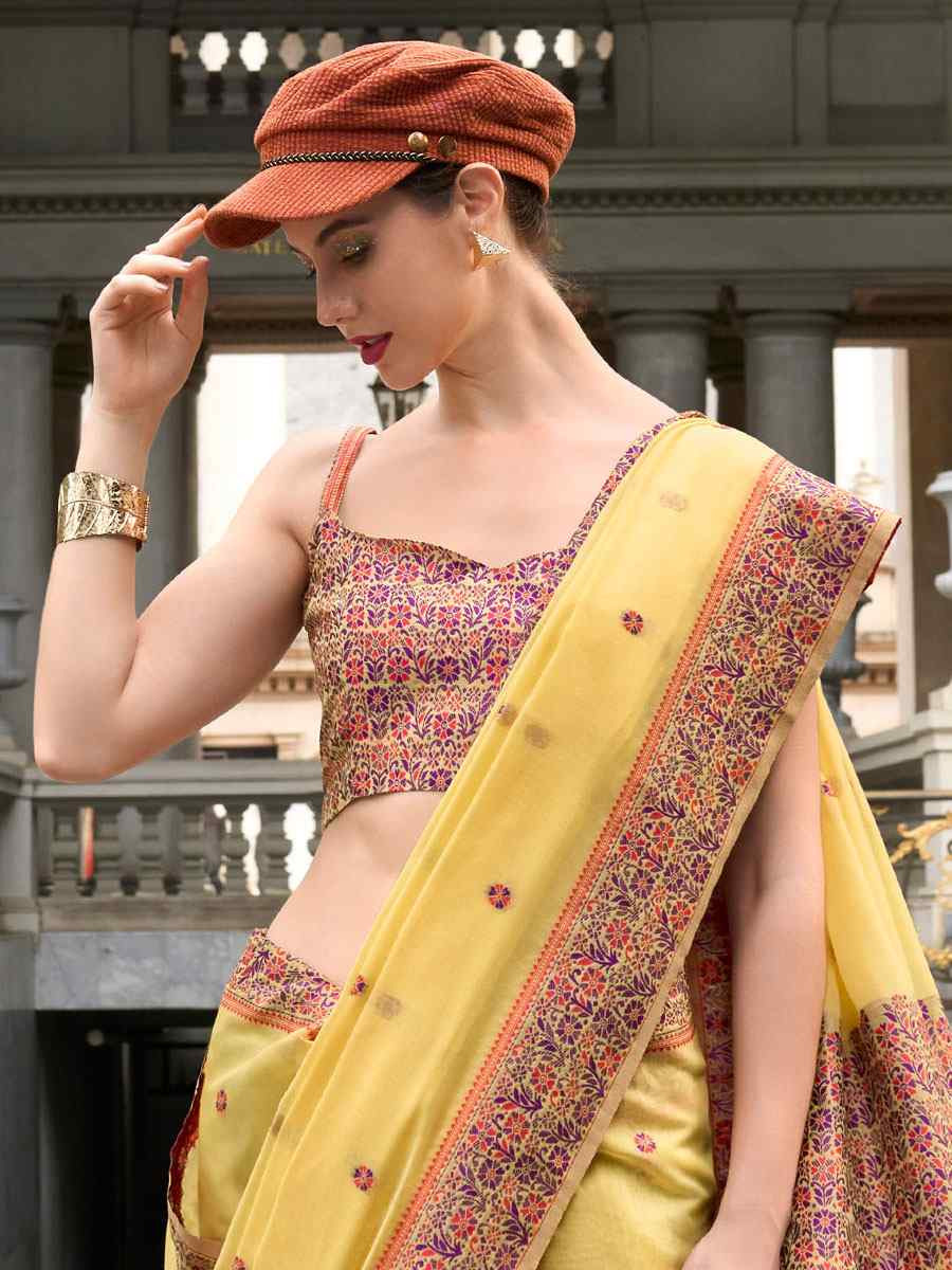 Yellow Linen Cotton Silk Handwoven Festival Wedding Fancy Heavy Border Saree