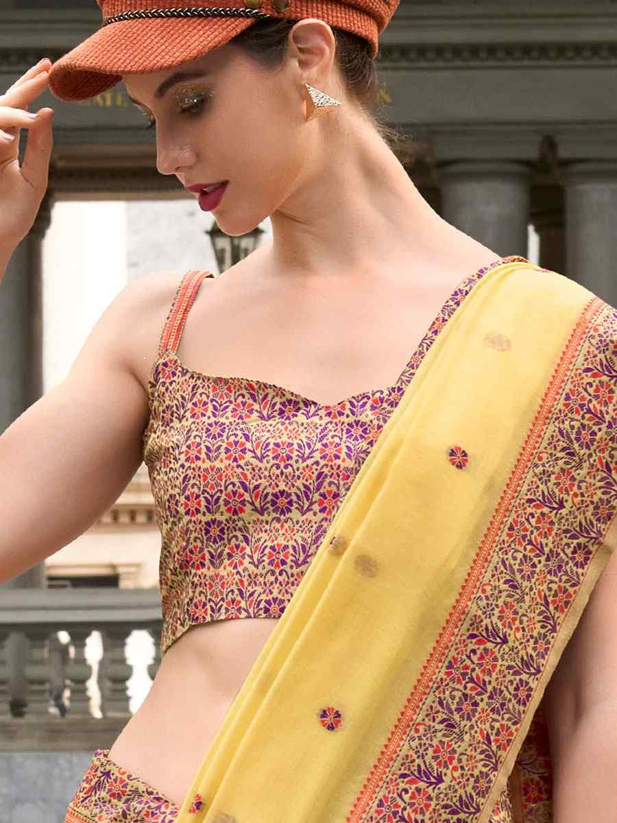 Yellow Linen Cotton Silk Handwoven Festival Wedding Fancy Heavy Border Saree