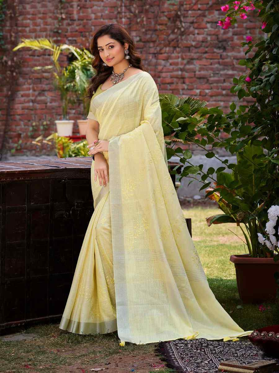 Yellow Linen Embroidery Handwoven Casual Festival Party Classic Style Sarees