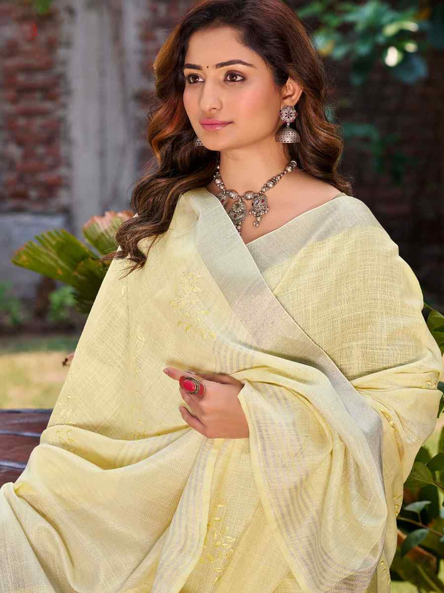 Yellow Linen Embroidery Handwoven Casual Festival Party Classic Style Sarees